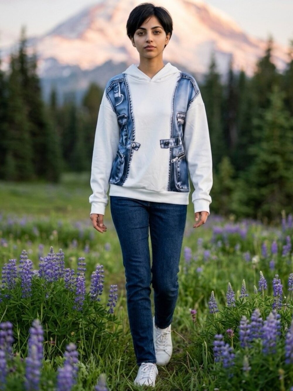 Women's Hooded Denim Print Sweatshirt Two-Piece Pullover